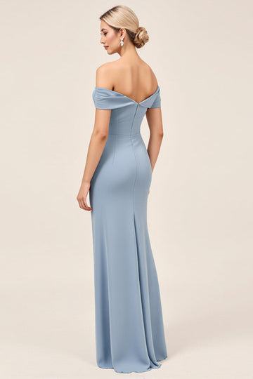 Mousseline de soie Bleu poussiéreux Ruché Épaule Longue Robe de demoiselle d’honneur avec fente